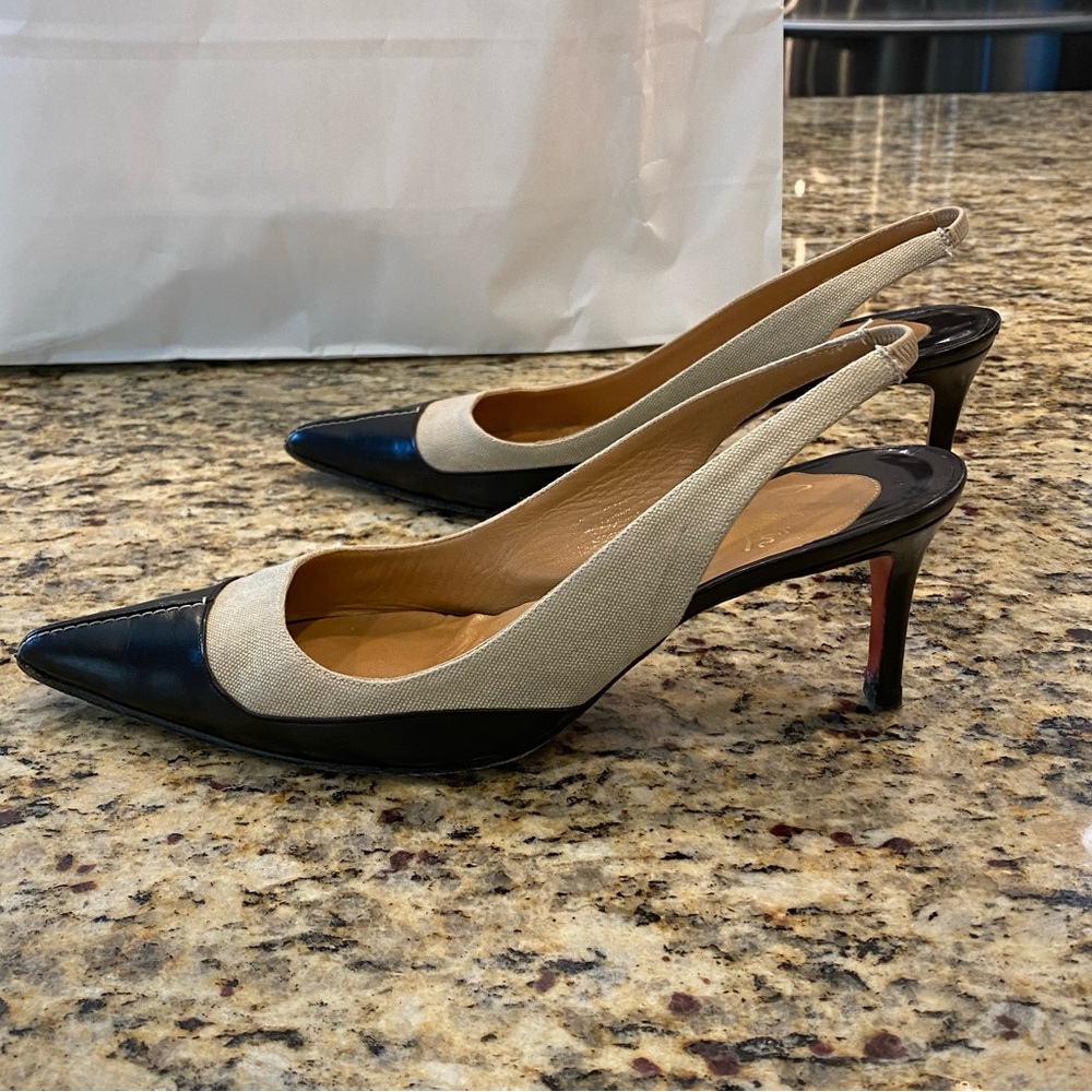 Christian Louboutin Tan and Black Slingback Heels, 37.5 Sophisticated!!! - Picture 3 of 13